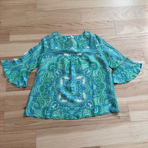 Calypso Christiane Celle XS Green Blue Paisley 100% Silk Blouse Bell Sleeve - Picture 6 of 8